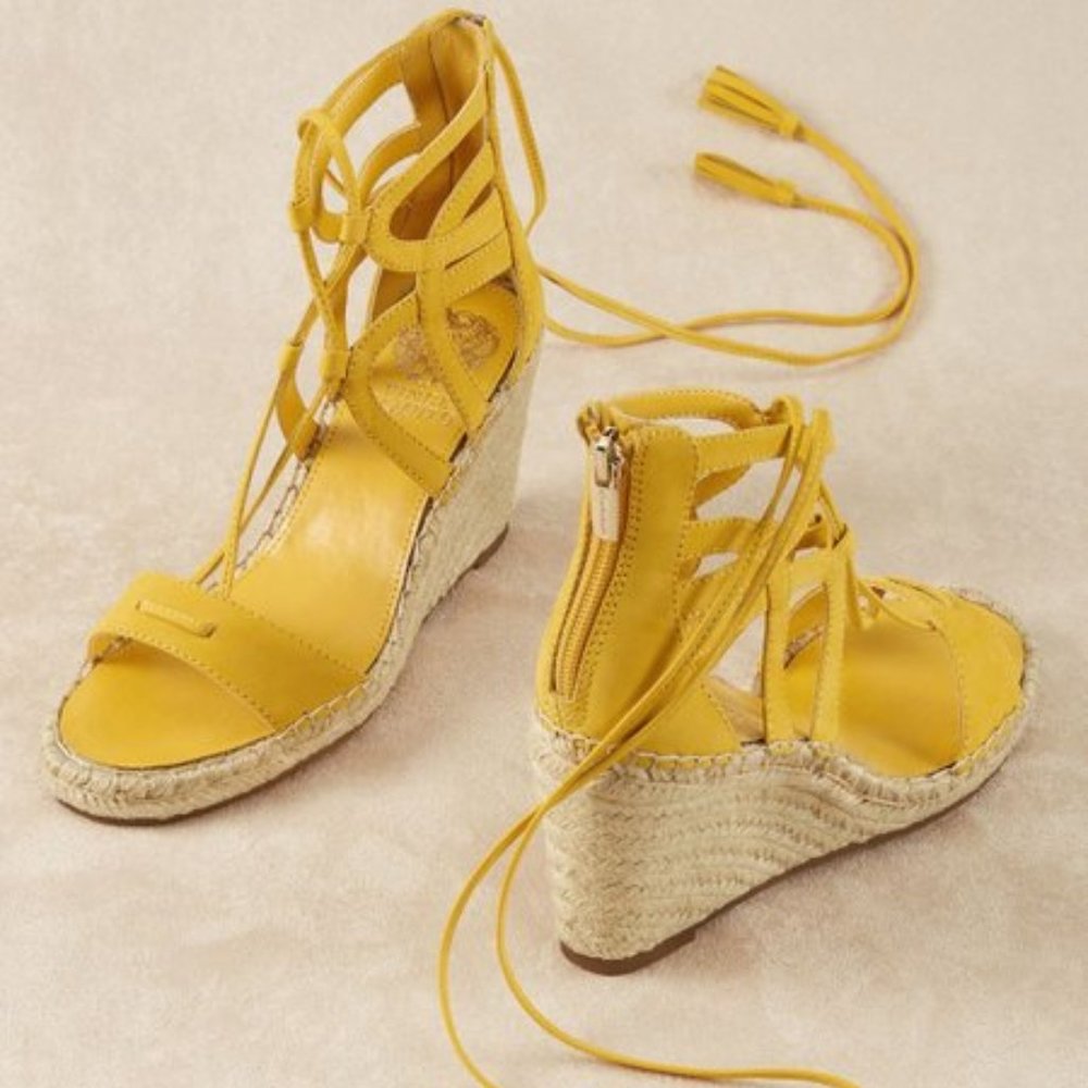 Yellow Lace-Up Espadrille Wedge Sandals - Women
